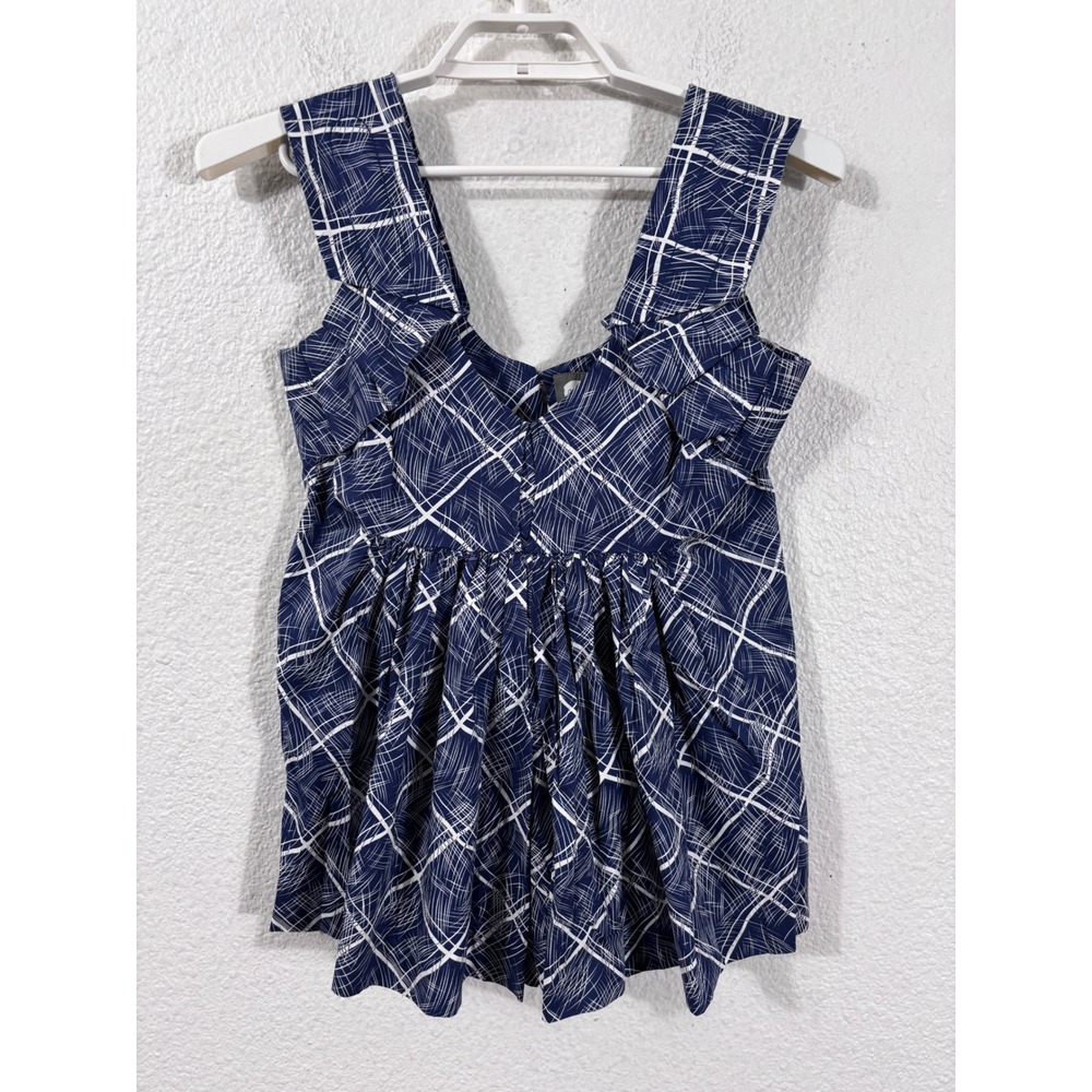 Girls From Savoy Babydoll Top Women Size 2 Navy Blue Geometric Pleated